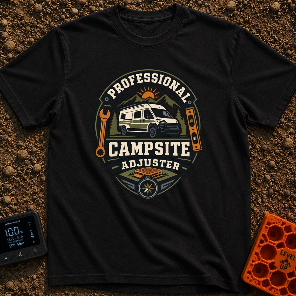 Pro Campsite Adjuster - T-Shirt in Black - A circular badge graphic showing a camper van parked in front of mountains,...