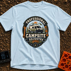 Pro Campsite Adjuster - T-Shirt in Chambray - A circular badge graphic showing a camper van parked in front of mountains,...