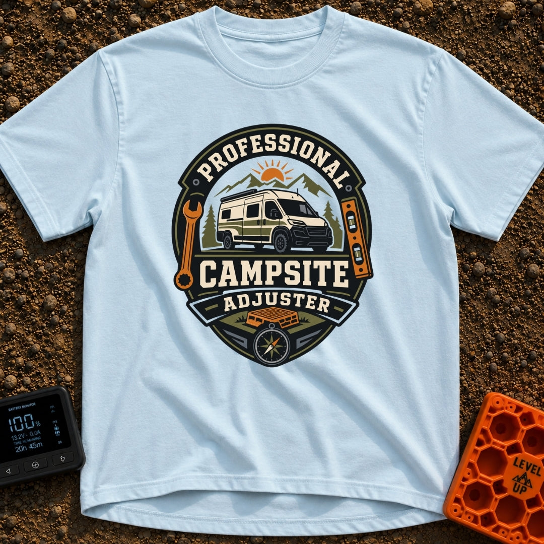 Pro Campsite Adjuster - T-Shirt in Chambray - A circular badge graphic showing a camper van parked in front of mountains,...