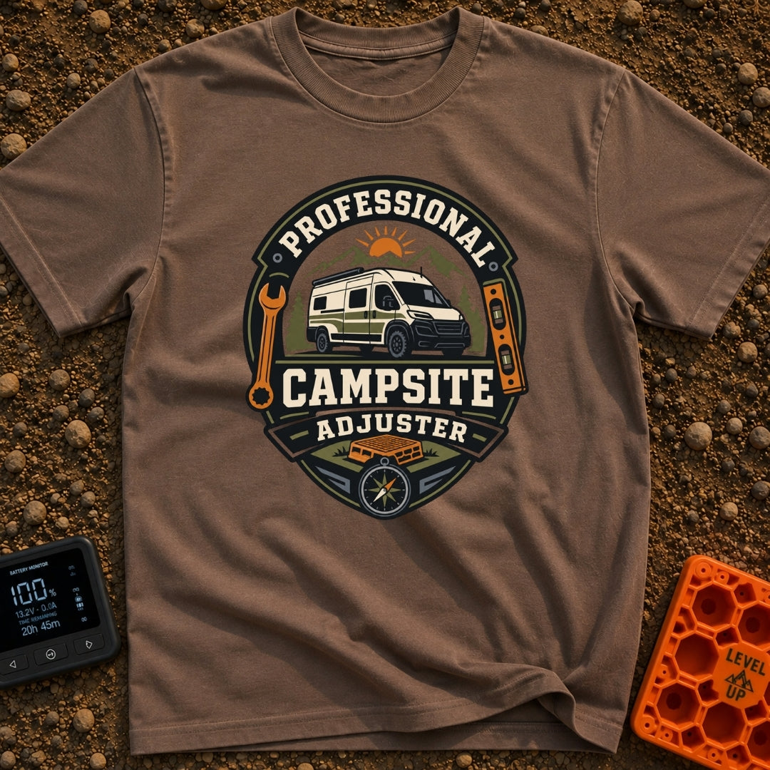 Pro Campsite Adjuster - T-Shirt in Espresso - A circular badge graphic showing a camper van parked in front of mountains,...