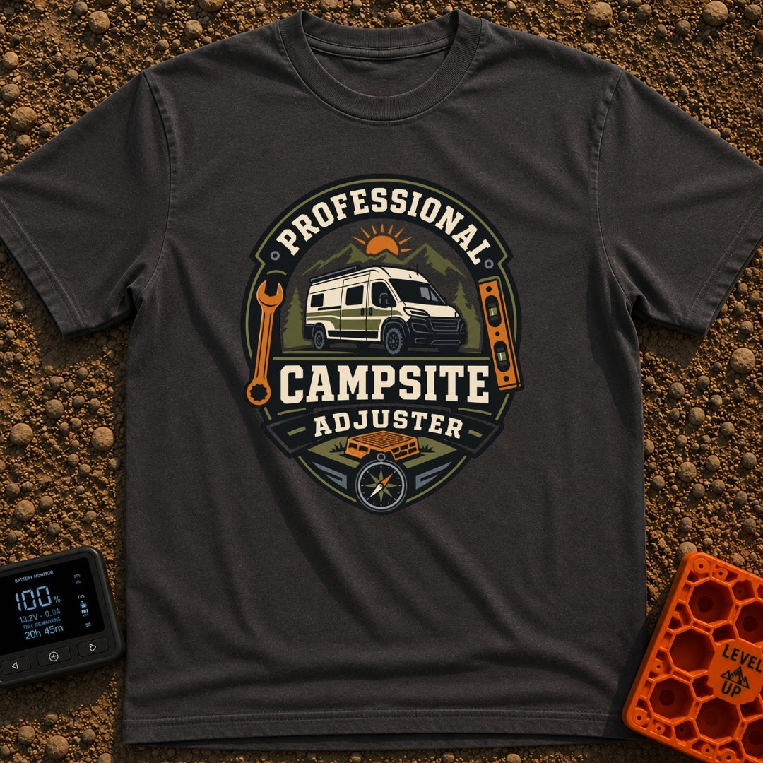 Pro Campsite Adjuster - T-Shirt in Graphite - A circular badge graphic showing a camper van parked in front of mountains,...