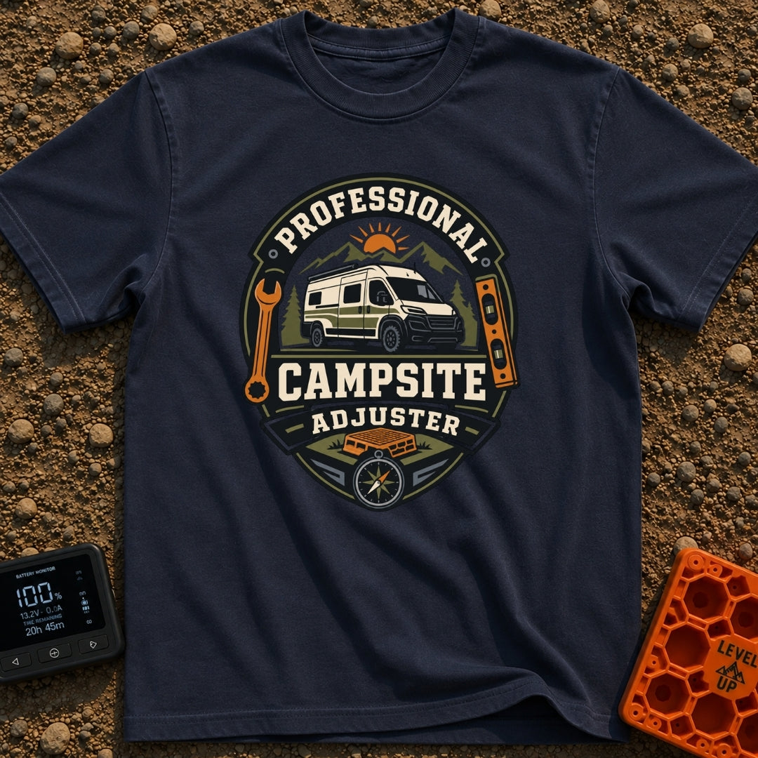 Pro Campsite Adjuster - T-Shirt in Navy - A circular badge graphic showing a camper van parked in front of mountains,...