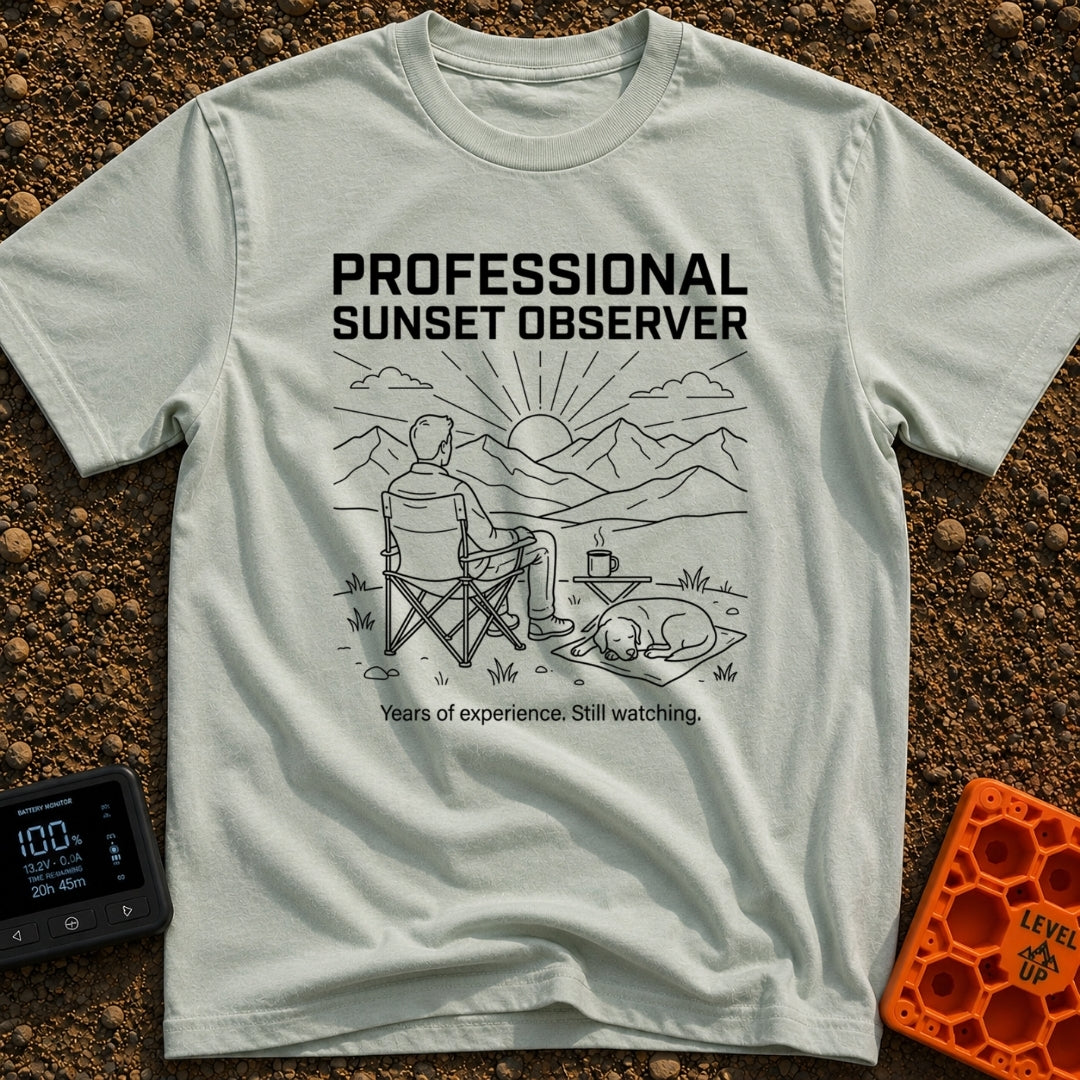 Campsite Connoisseur Club - T-Shirt in Bay - A line drawing of a person sitting in a camp chair looking at the sun...