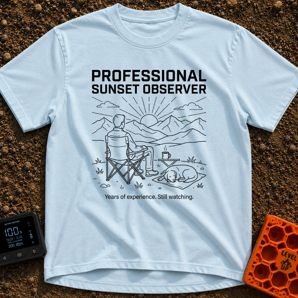 Campsite Connoisseur Club - T-Shirt in Chambray - A line drawing of a person sitting in a camp chair looking at the sun...
