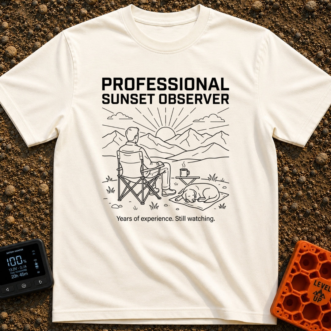 Campsite Connoisseur Club - T-Shirt in Ivory - A line drawing of a person sitting in a camp chair looking at the sun...