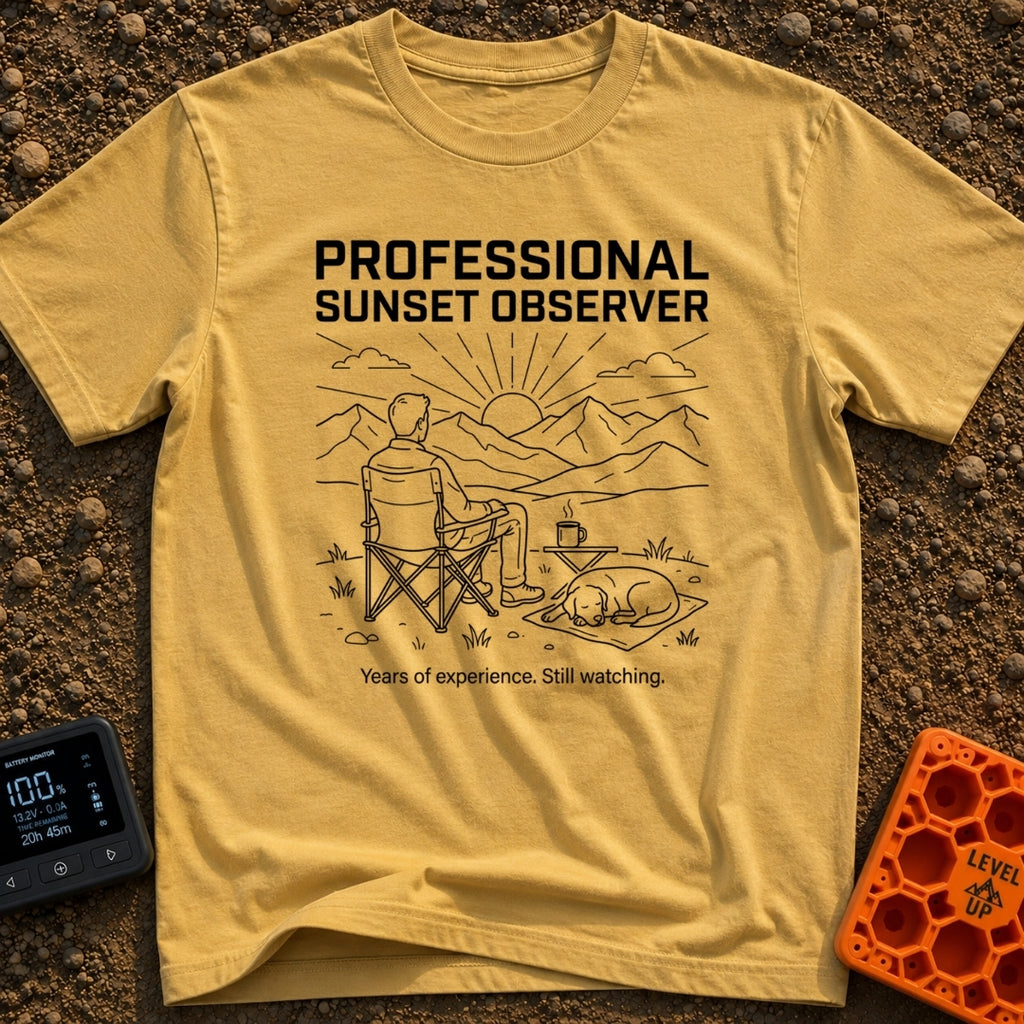 Campsite Connoisseur Club - T-Shirt in Mustard - A line drawing of a person sitting in a camp chair looking at the sun...