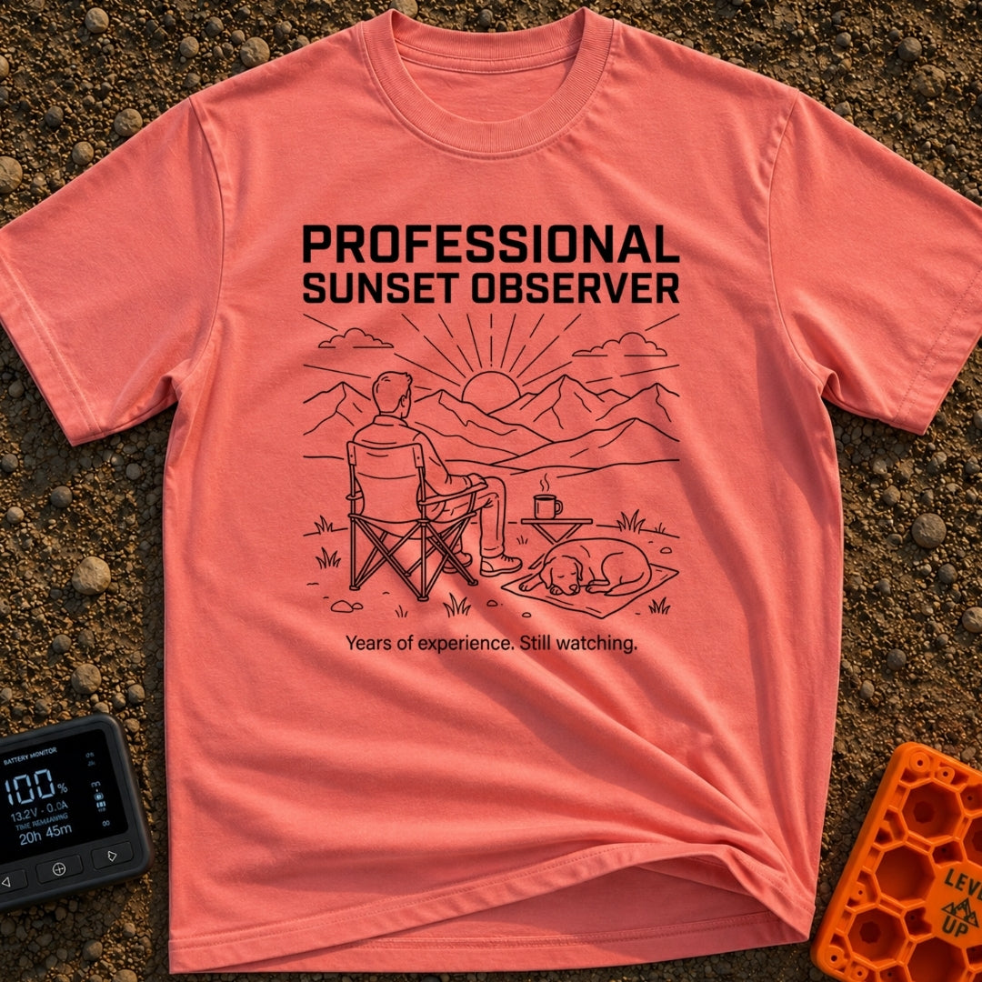 Campsite Connoisseur Club - T-Shirt in Watermelon - A line drawing of a person sitting in a camp chair looking at the sun...