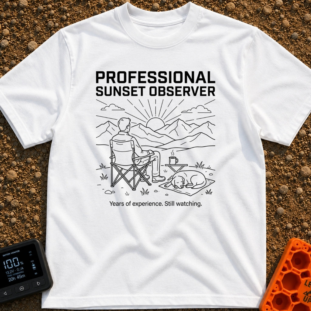 Campsite Connoisseur Club - T-Shirt in White - A line drawing of a person sitting in a camp chair looking at the sun...
