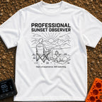 Campsite Connoisseur Club - T-Shirt in White - A line drawing of a person sitting in a camp chair looking at the sun...