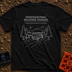 Reverse Parking Pro - T-Shirt in Black - White line art drawing of a camper van reversing into a campsite at night,...