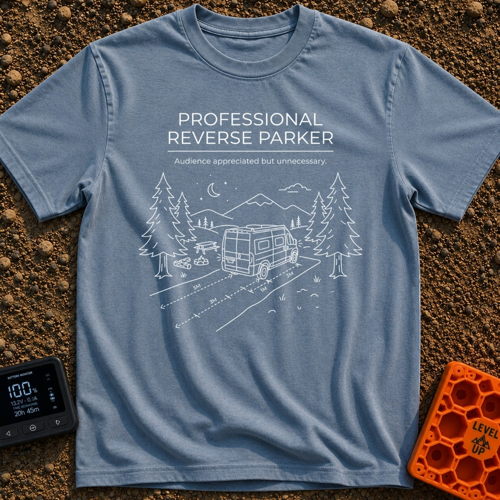 Reverse Parking Pro - T-Shirt in Blue Jean - White line art drawing of a camper van reversing into a campsite at night,...