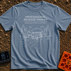 Reverse Parking Pro - T-Shirt in Blue Jean - White line art drawing of a camper van reversing into a campsite at night,...