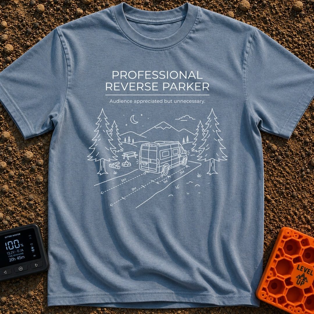 Reverse Parking Pro - T-Shirt in Blue Jean - White line art drawing of a camper van reversing into a campsite at night,...