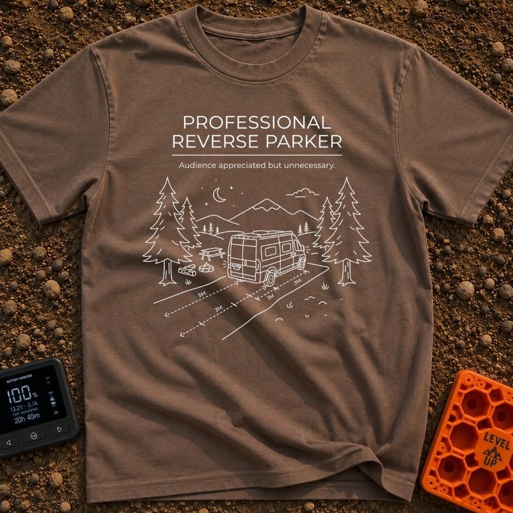 Reverse Parking Pro - T-Shirt in Espresso - White line art drawing of a camper van reversing into a campsite at night,...
