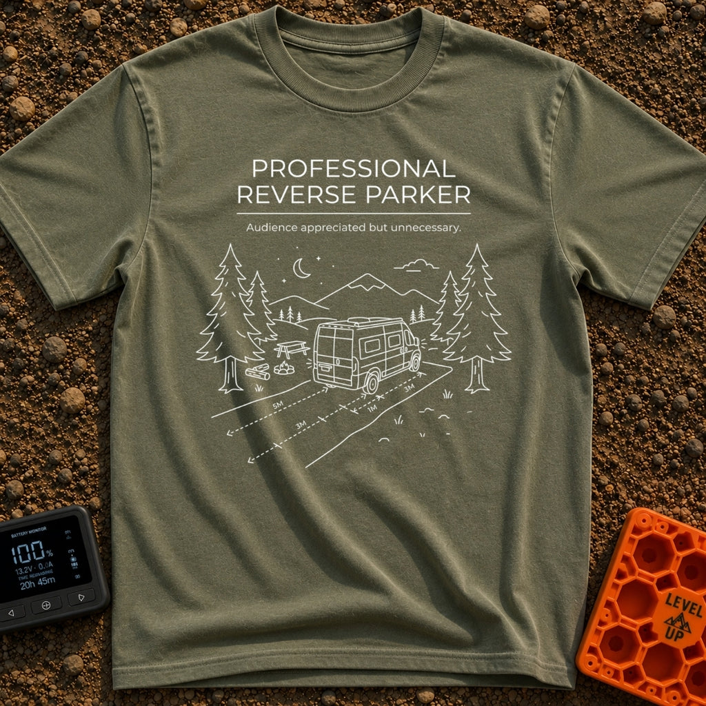 Reverse Parking Pro - T-Shirt in Moss - White line art drawing of a camper van reversing into a campsite at night,...