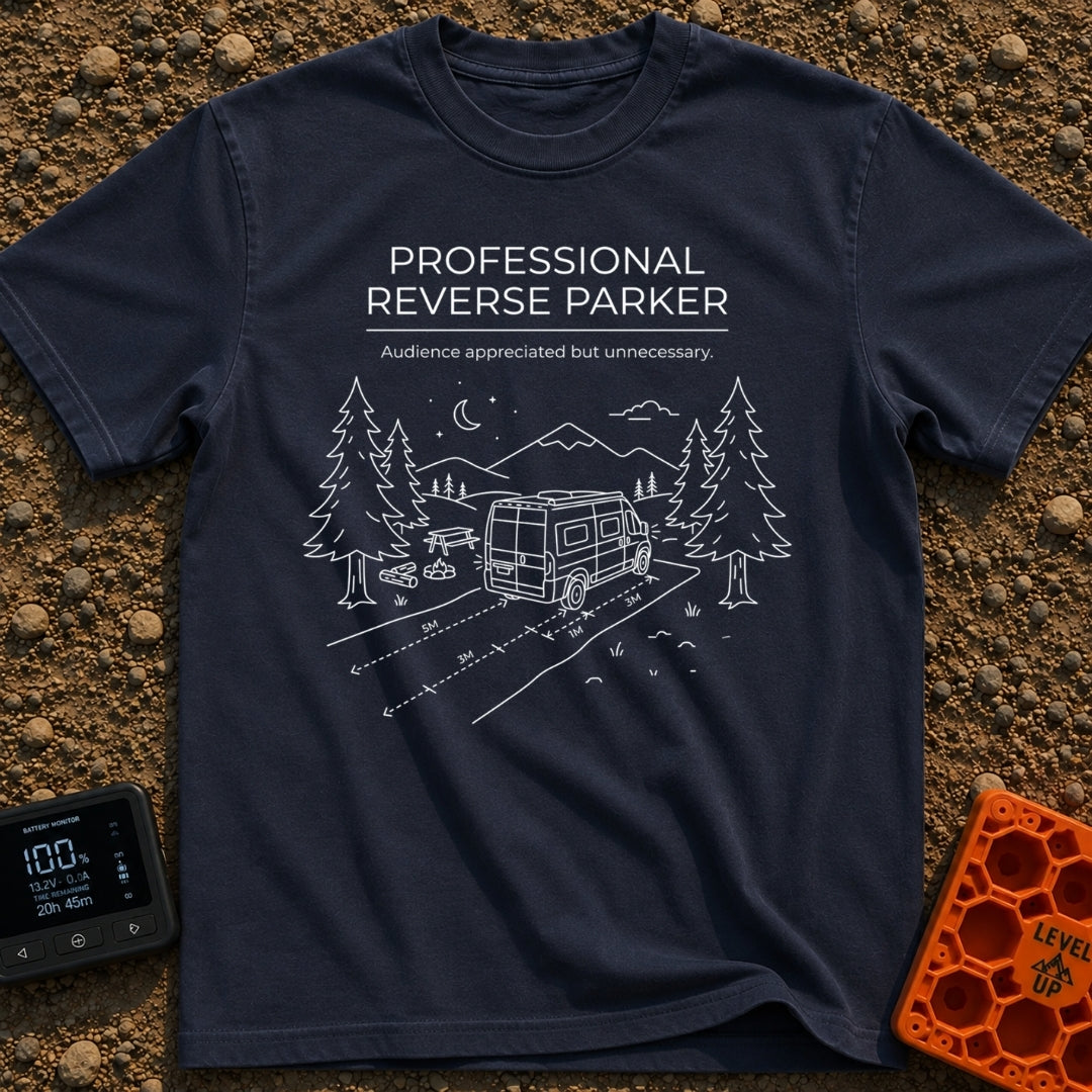Reverse Parking Pro - T-Shirt in Navy - White line art drawing of a camper van reversing into a campsite at night,...