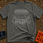 Reverse Parking Pro - T-Shirt in Pepper - White line art drawing of a camper van reversing into a campsite at night,...
