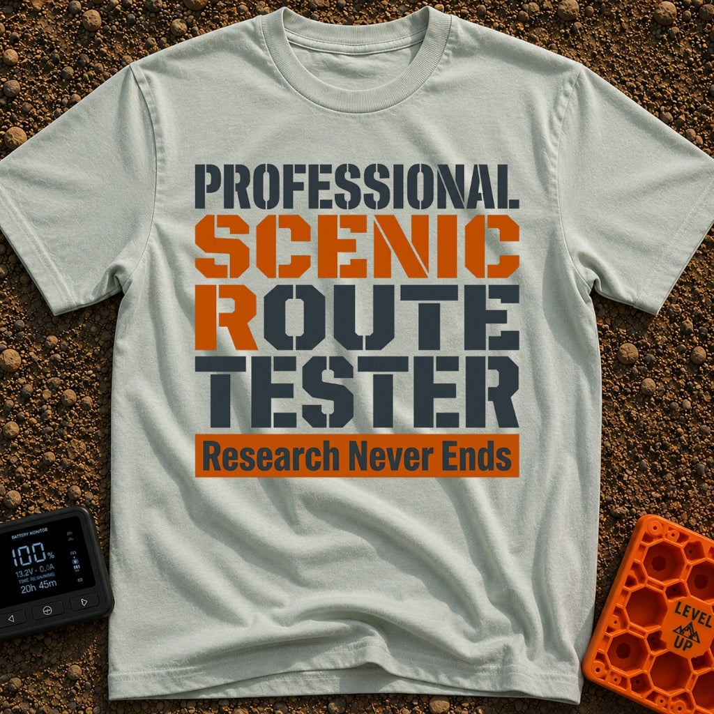 Scenic Route Maven - T-Shirt in Bay - A text-only design featuring the phrase "PROFESSIONAL SCENIC ROUTE TESTER" in...