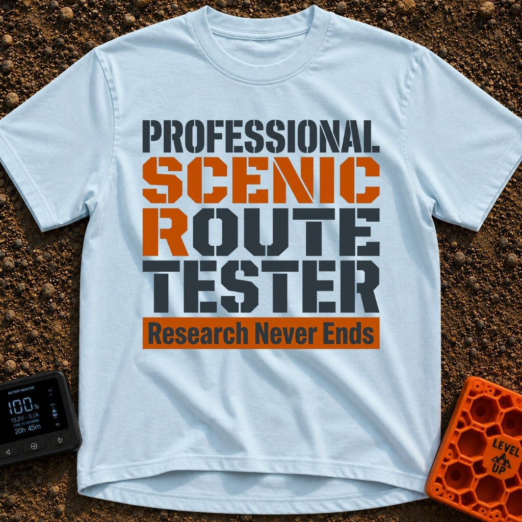 Scenic Route Maven - T-Shirt in Chambray - A text-only design featuring the phrase "PROFESSIONAL SCENIC ROUTE TESTER" in...