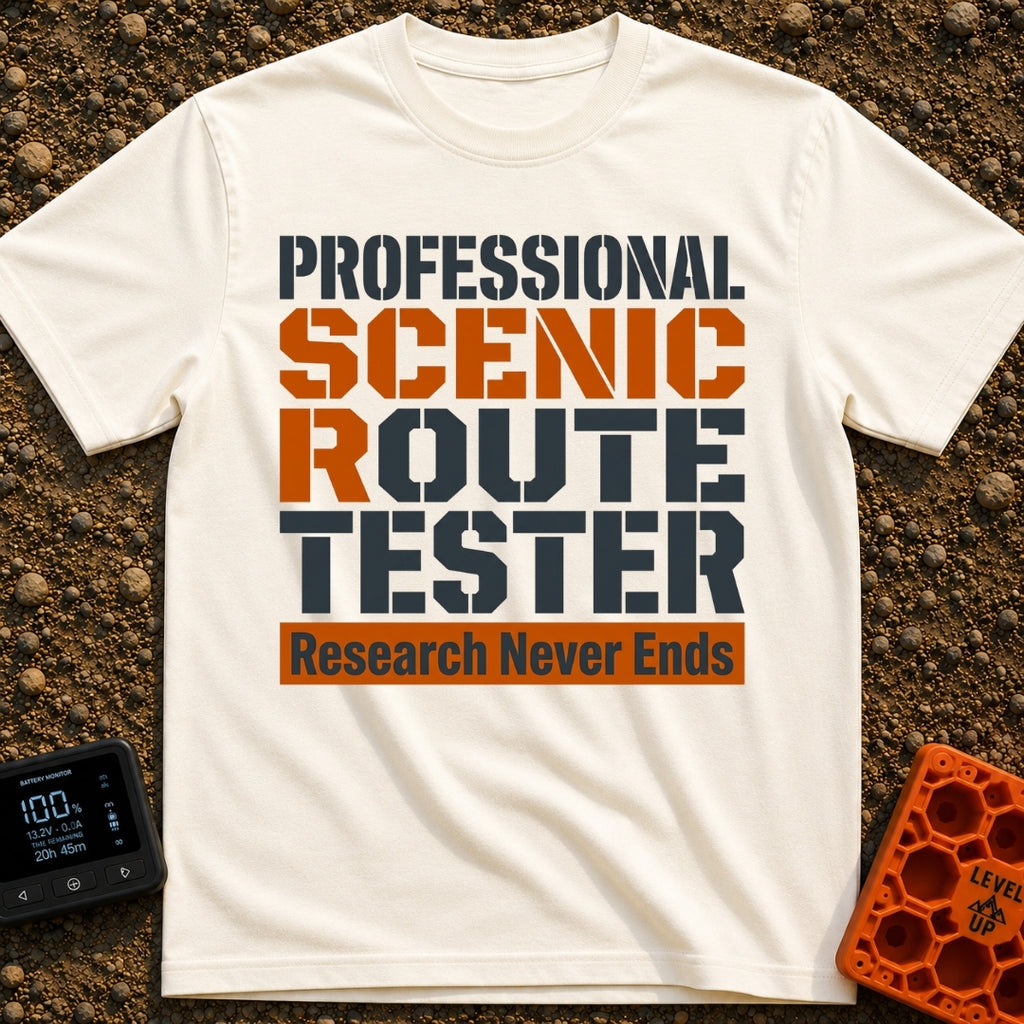 Scenic Route Maven - T-Shirt in Ivory - A text-only design featuring the phrase "PROFESSIONAL SCENIC ROUTE TESTER" in...