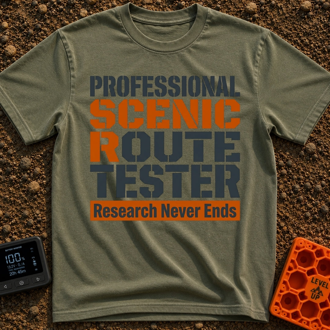Scenic Route Maven - T-Shirt in Moss - A text-only design featuring the phrase "PROFESSIONAL SCENIC ROUTE TESTER" in...