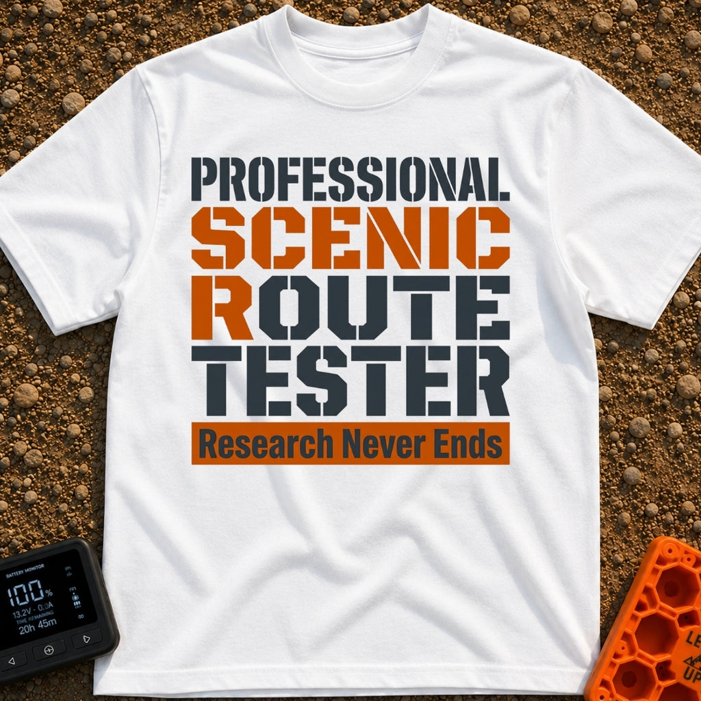 Scenic Route Maven - T-Shirt in White - A text-only design featuring the phrase "PROFESSIONAL SCENIC ROUTE TESTER" in...