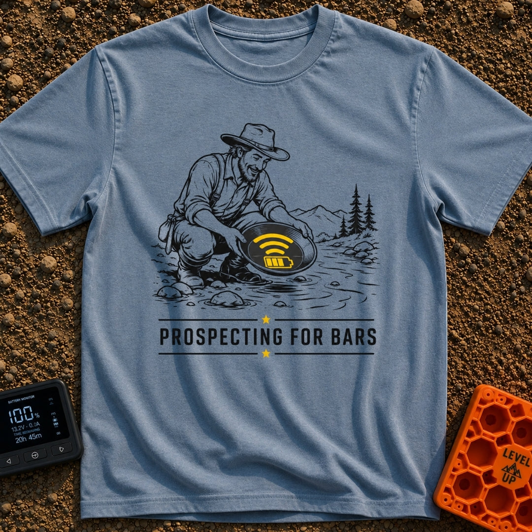 Panning For Signal - T-Shirt in Blue Jean - A black and white illustration of a gold prospector squatting by a stream,...