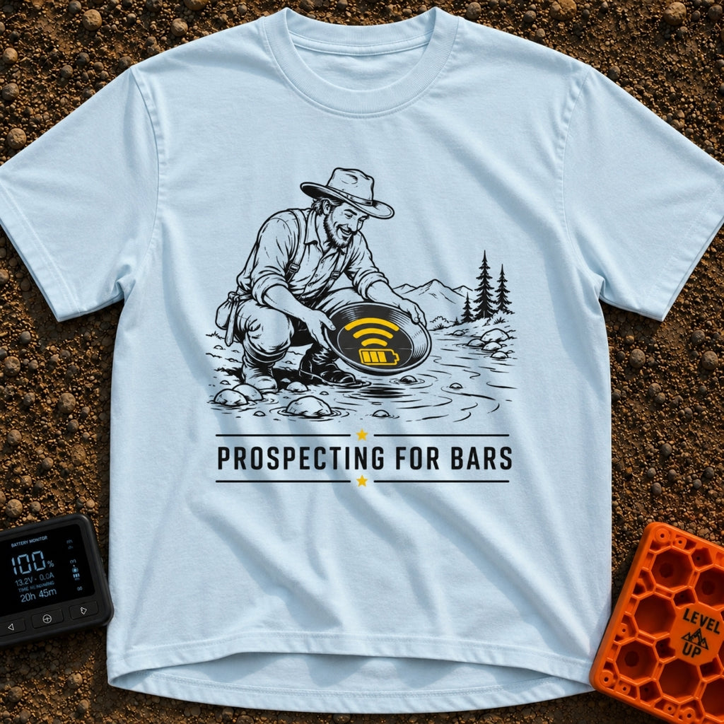 Panning For Signal - T-Shirt in Chambray - A black and white illustration of a gold prospector squatting by a stream,...