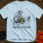 Panning For Signal - T-Shirt in Chambray - A black and white illustration of a gold prospector squatting by a stream,...
