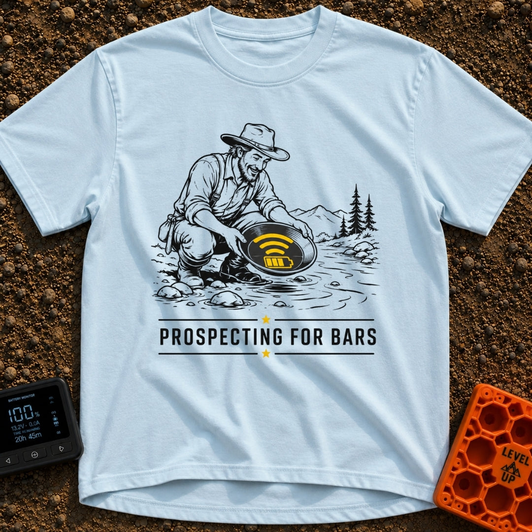 Panning For Signal - T-Shirt in Chambray - A black and white illustration of a gold prospector squatting by a stream,...