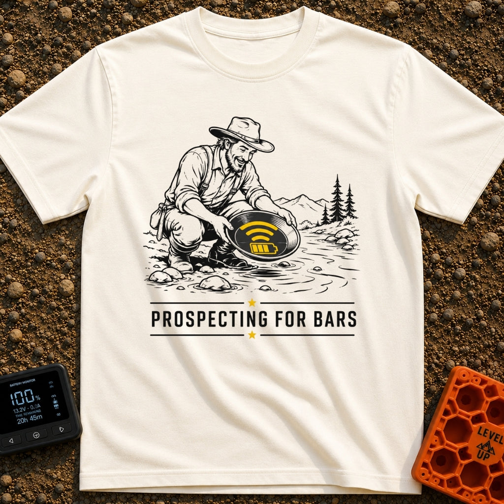 Panning For Signal - T-Shirt in Ivory - A black and white illustration of a gold prospector squatting by a stream,...