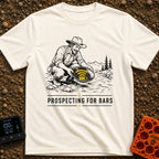 Panning For Signal - T-Shirt in Ivory - A black and white illustration of a gold prospector squatting by a stream,...