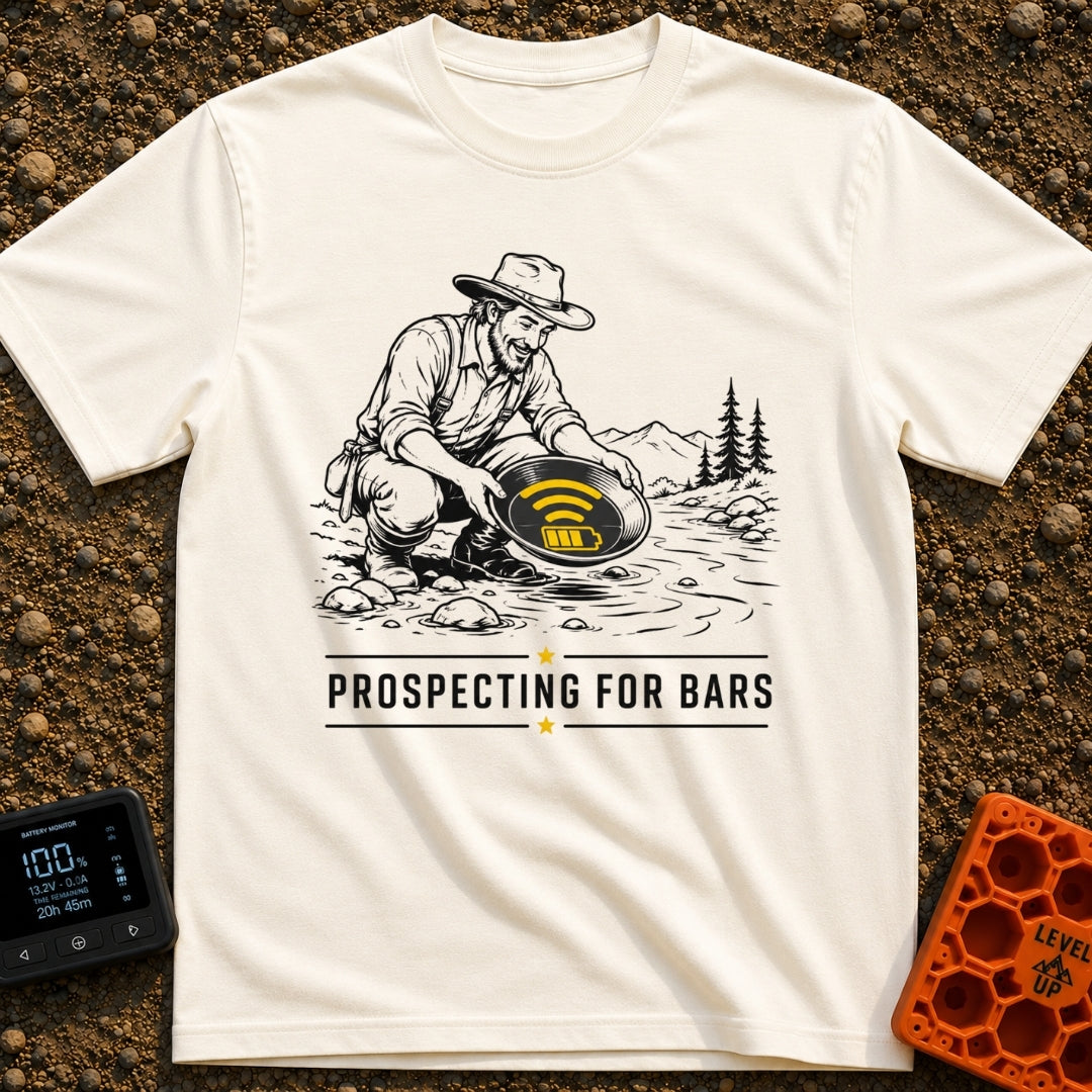 Panning For Signal - T-Shirt in Ivory - A black and white illustration of a gold prospector squatting by a stream,...