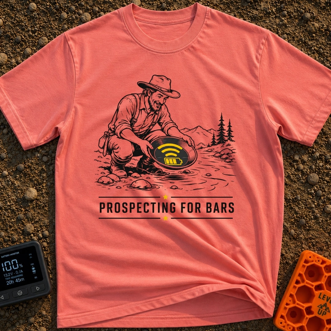 Panning For Signal - T-Shirt in Watermelon - A black and white illustration of a gold prospector squatting by a stream,...