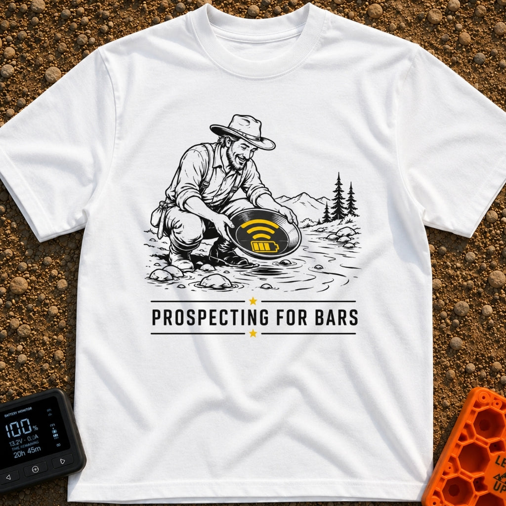 Panning For Signal - T-Shirt in White - A black and white illustration of a gold prospector squatting by a stream,...