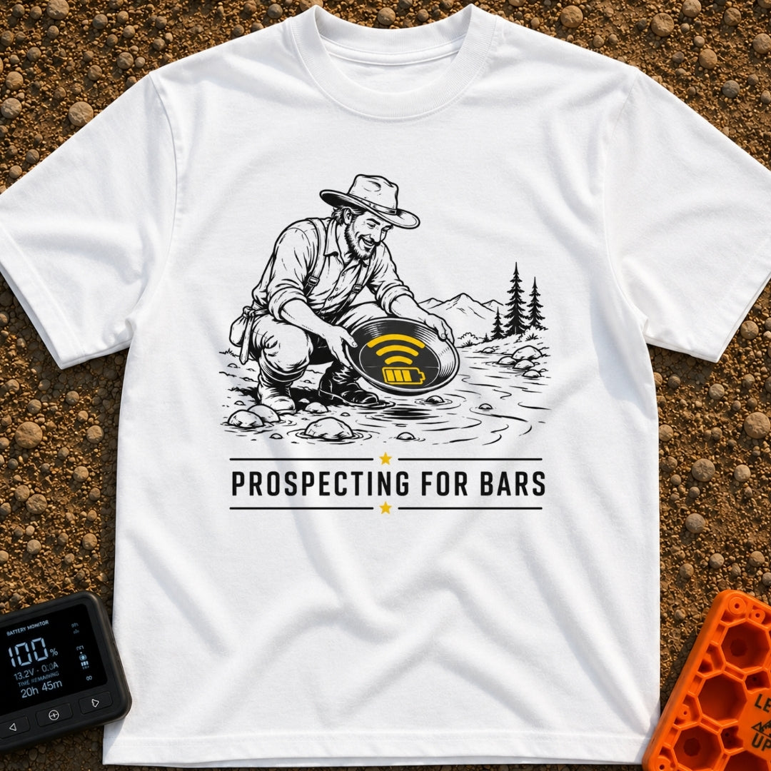 Panning For Signal - T-Shirt in White - A black and white illustration of a gold prospector squatting by a stream,...