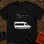 Query The Wild - T-Shirt in Black - A line drawing of a camper van parked under a starry sky. Above the van is a block of...