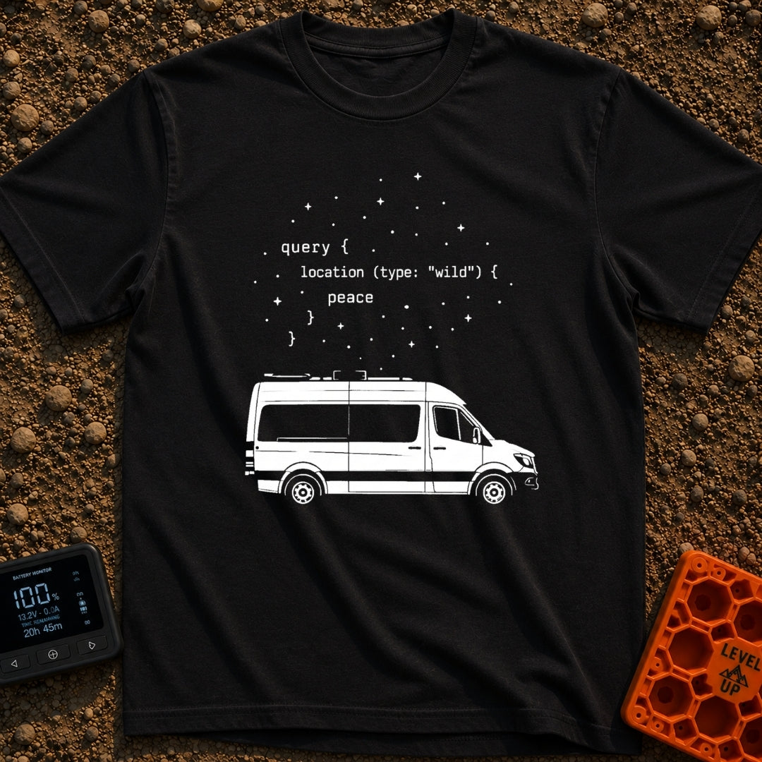 Query The Wild - T-Shirt in Black - A line drawing of a camper van parked under a starry sky. Above the van is a block of...