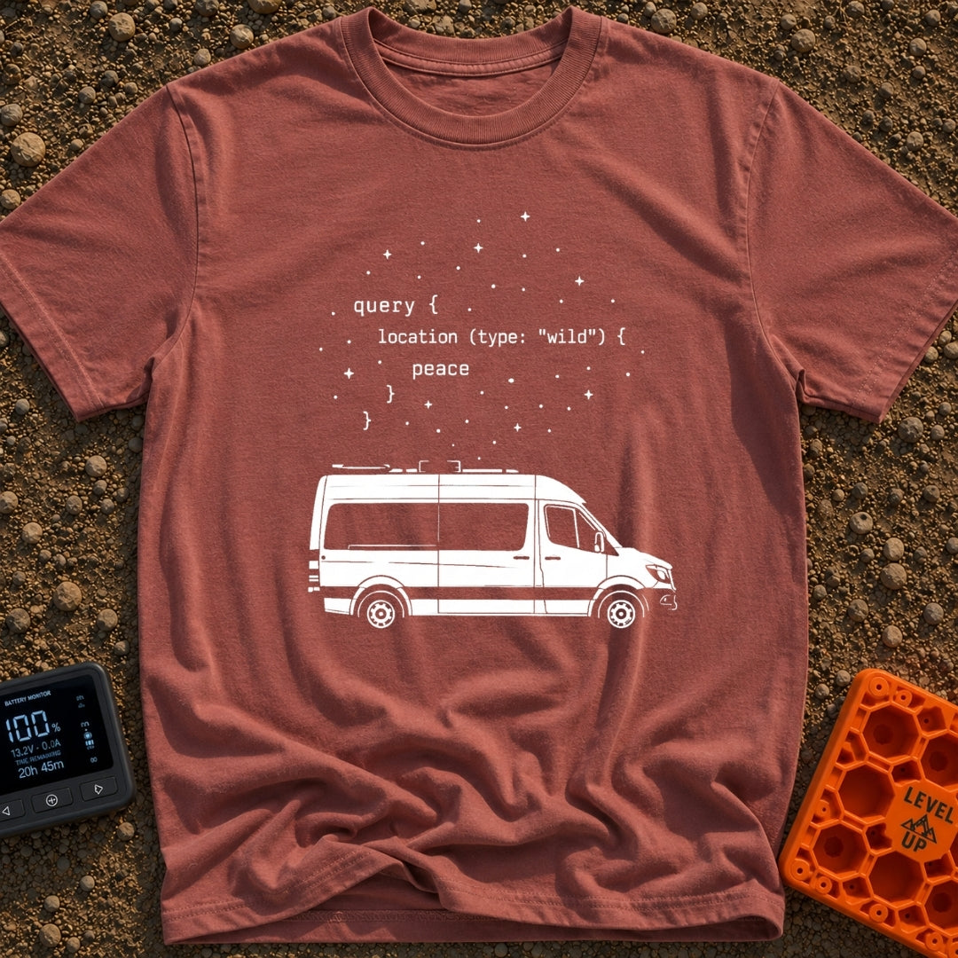 Query The Wild - T-Shirt in Brick - A line drawing of a camper van parked under a starry sky. Above the van is a block of...