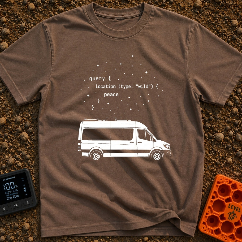 Query The Wild - T-Shirt in Espresso - A line drawing of a camper van parked under a starry sky. Above the van is a block...