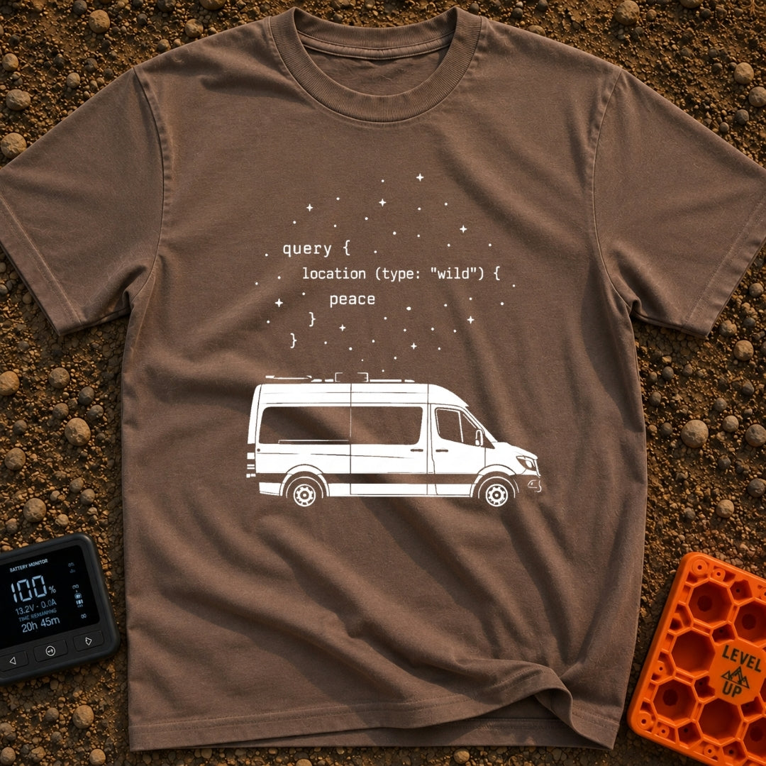 Query The Wild - T-Shirt in Espresso - A line drawing of a camper van parked under a starry sky. Above the van is a block...