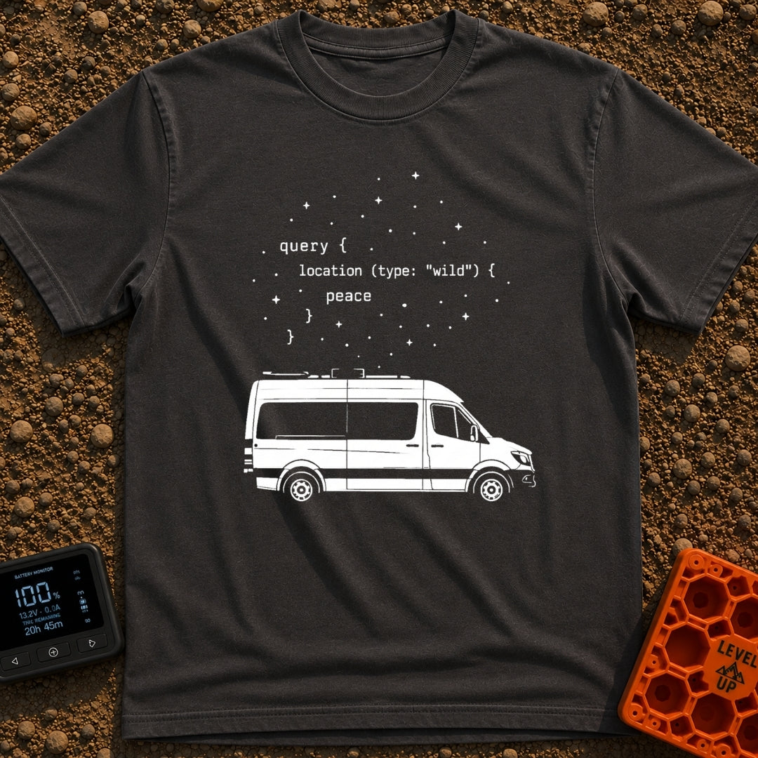 Query The Wild - T-Shirt in Graphite - A line drawing of a camper van parked under a starry sky. Above the van is a block...