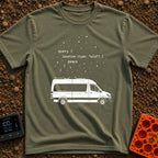 Query The Wild - T-Shirt in Moss - A line drawing of a camper van parked under a starry sky. Above the van is a block of...