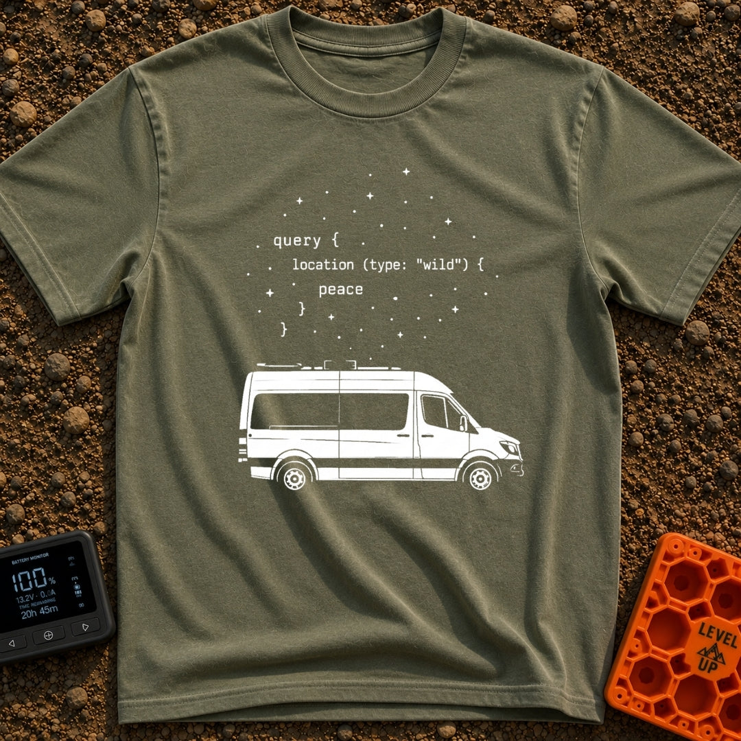 Query The Wild - T-Shirt in Moss - A line drawing of a camper van parked under a starry sky. Above the van is a block of...
