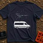Query The Wild - T-Shirt in Navy - A line drawing of a camper van parked under a starry sky. Above the van is a block of...