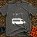 Query The Wild - T-Shirt in Pepper - A line drawing of a camper van parked under a starry sky. Above the van is a block...