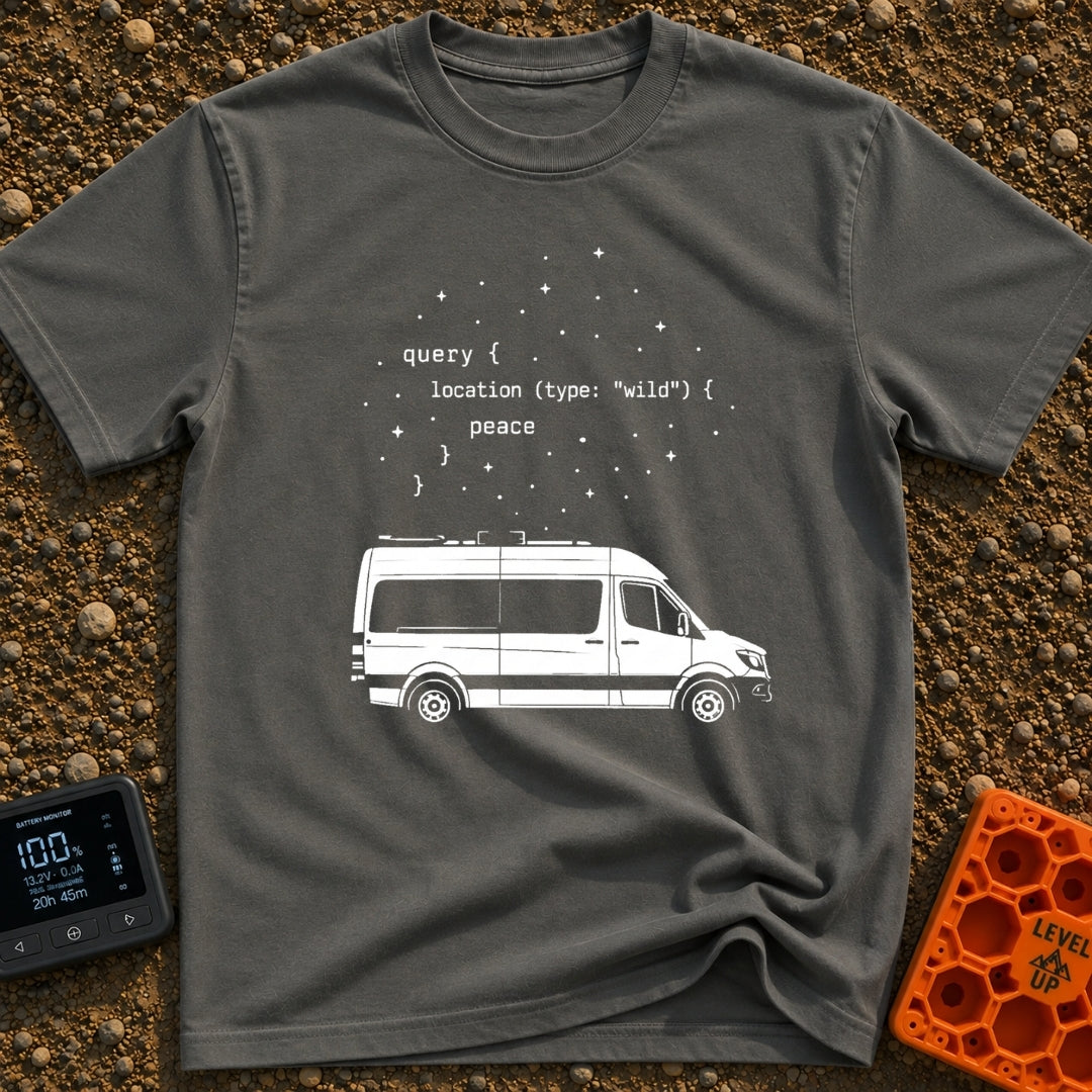 Query The Wild - T-Shirt in Pepper - A line drawing of a camper van parked under a starry sky. Above the van is a block...