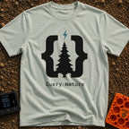 Pine Bracket Spark - T-Shirt in Bay - A black silhouette of a pine tree centered between two large curly brackets, with a...