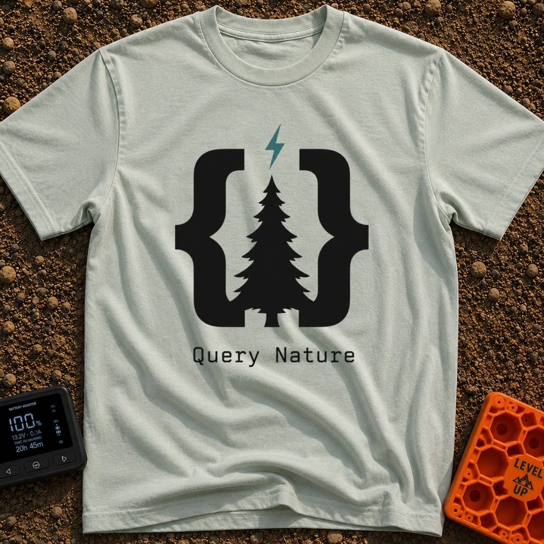 Pine Bracket Spark - T-Shirt in Bay - A black silhouette of a pine tree centered between two large curly brackets, with a...