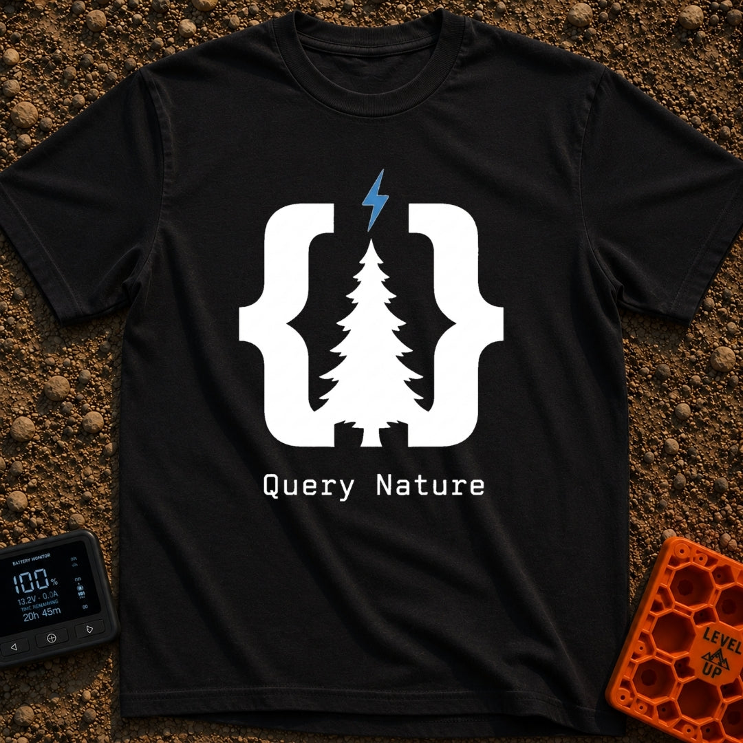 Pine Bracket Spark - T-Shirt in Black - A black silhouette of a pine tree centered between two large curly brackets, with...